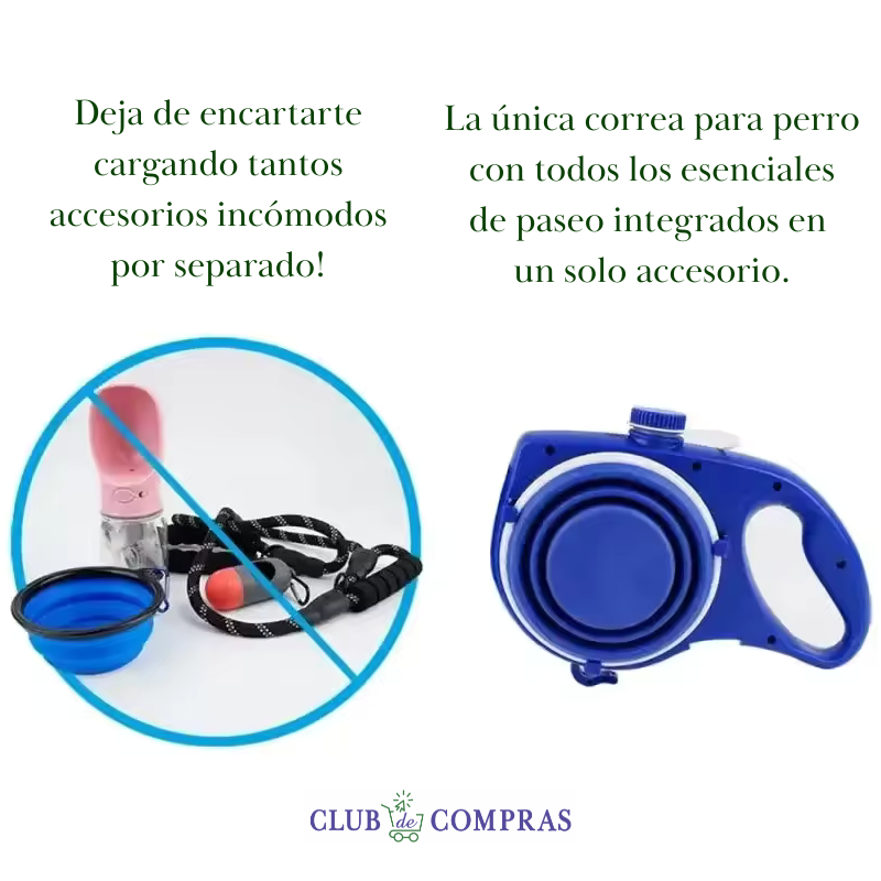 Correa AquaPet 5 en 1 integra botella de agua, vaso retráctil, dispensador de bolsas y gancho para colgarlas