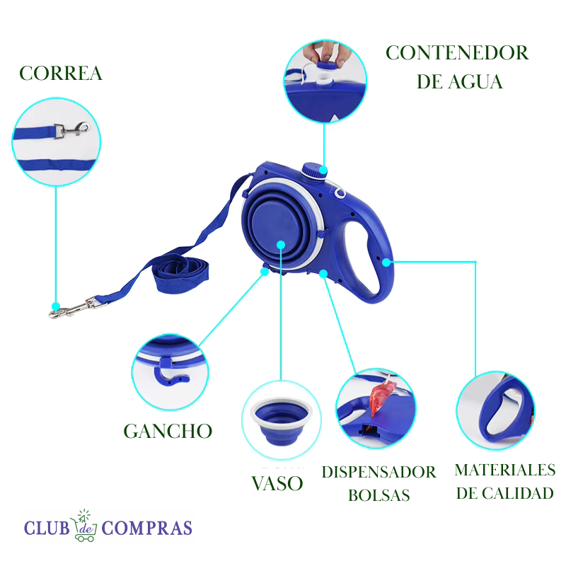 Correa AquaPet 5 en 1 integra botella de agua, vaso retráctil, dispensador de bolsas y gancho para colgarlas