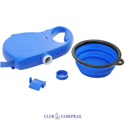 Correa AquaPet 5 en 1 integra botella de agua, vaso retráctil, dispensador de bolsas y gancho para colgarlas